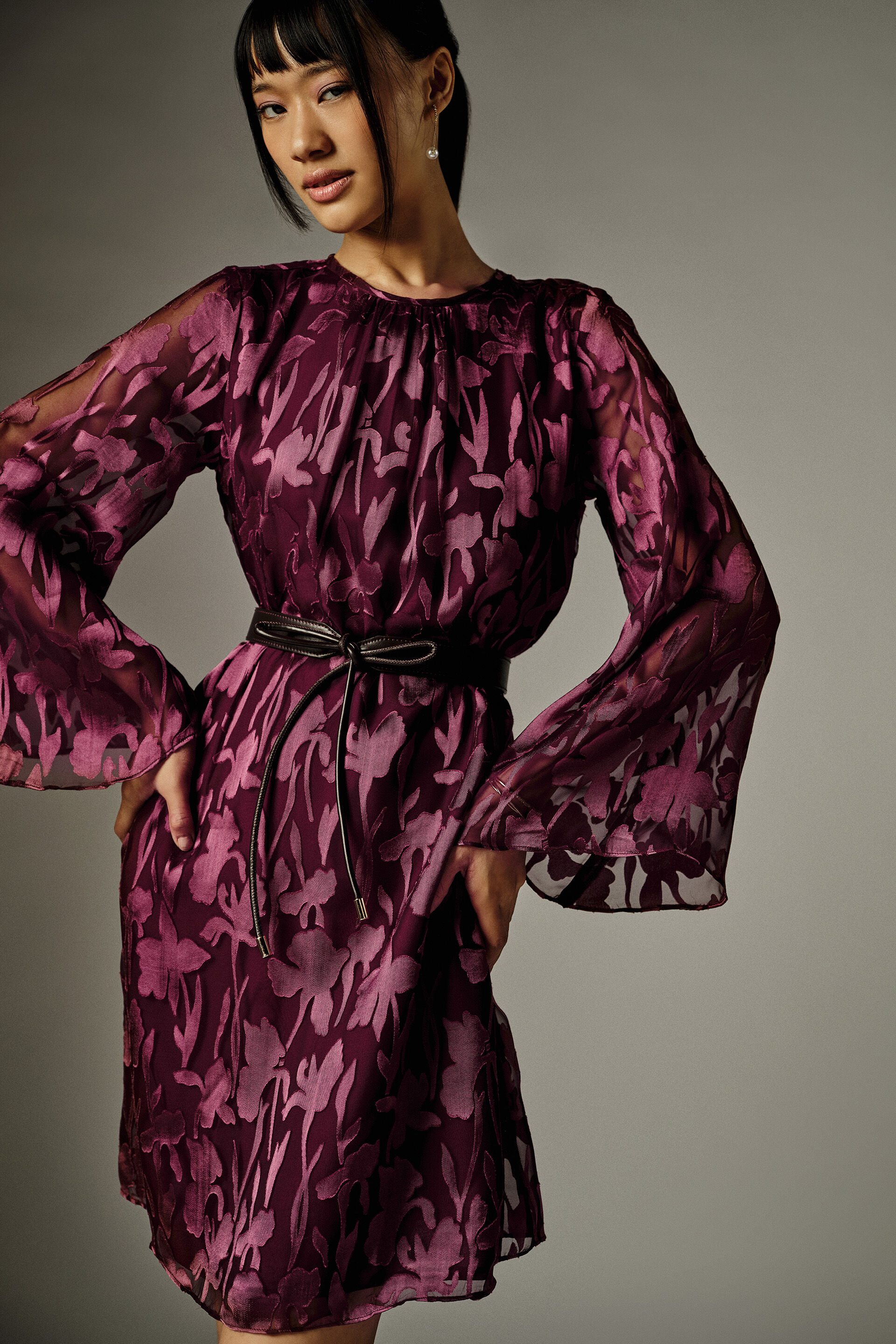 Ava Floral Sheer Dress, Wine, image 3